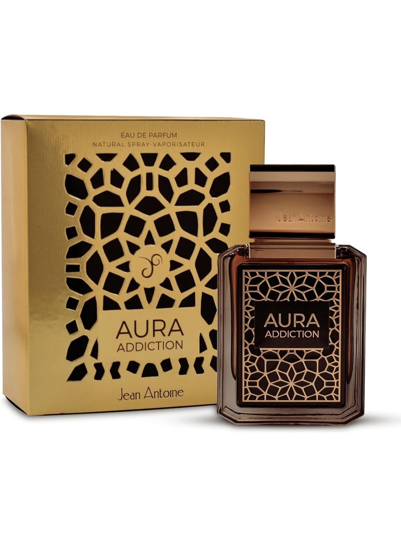 عطر بخاخ أورا أديكشن AURA ADDICTION او دو بارفان 100 مل للجنسين برائحة الحمضيات والفلفل الأسود والجلد والياسمين والعنبر والمسك والباتشولي عطر شرقي خشبي ثابت وفواح للرجال والنساء